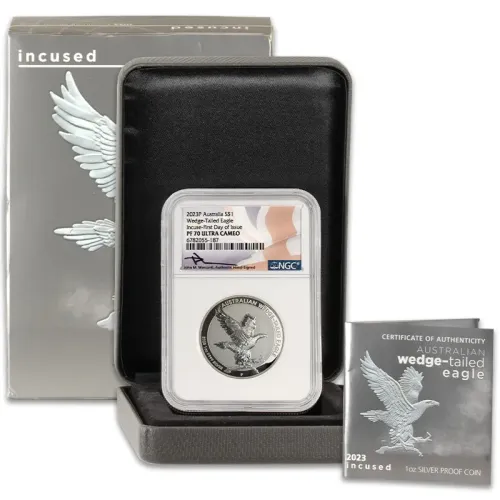 2023P Australia 1oz Incused Silver Wedge-Tailed Eagle - NGC PF70 FDOI Mercanti Signed