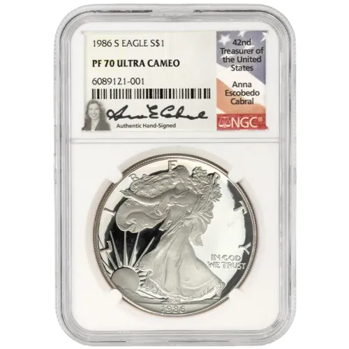 1986 S American Silver Eagle - NGC PF 70 Anna Cabral