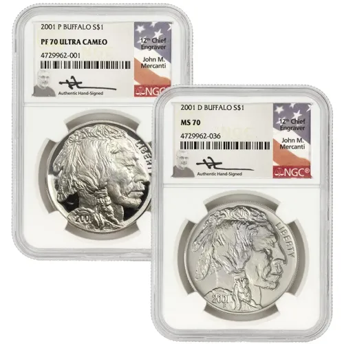 2001 American Buffalo Silver Dollar 2pc Set - NGC PR70 & MS70