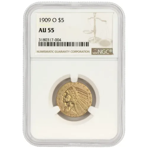 1909 O $5 Indian Gold Half Eagle - NGC AU55