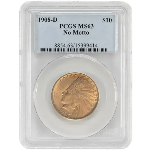 1908 D Indian $10 Gold Eagle No Motto - PCGS MS63